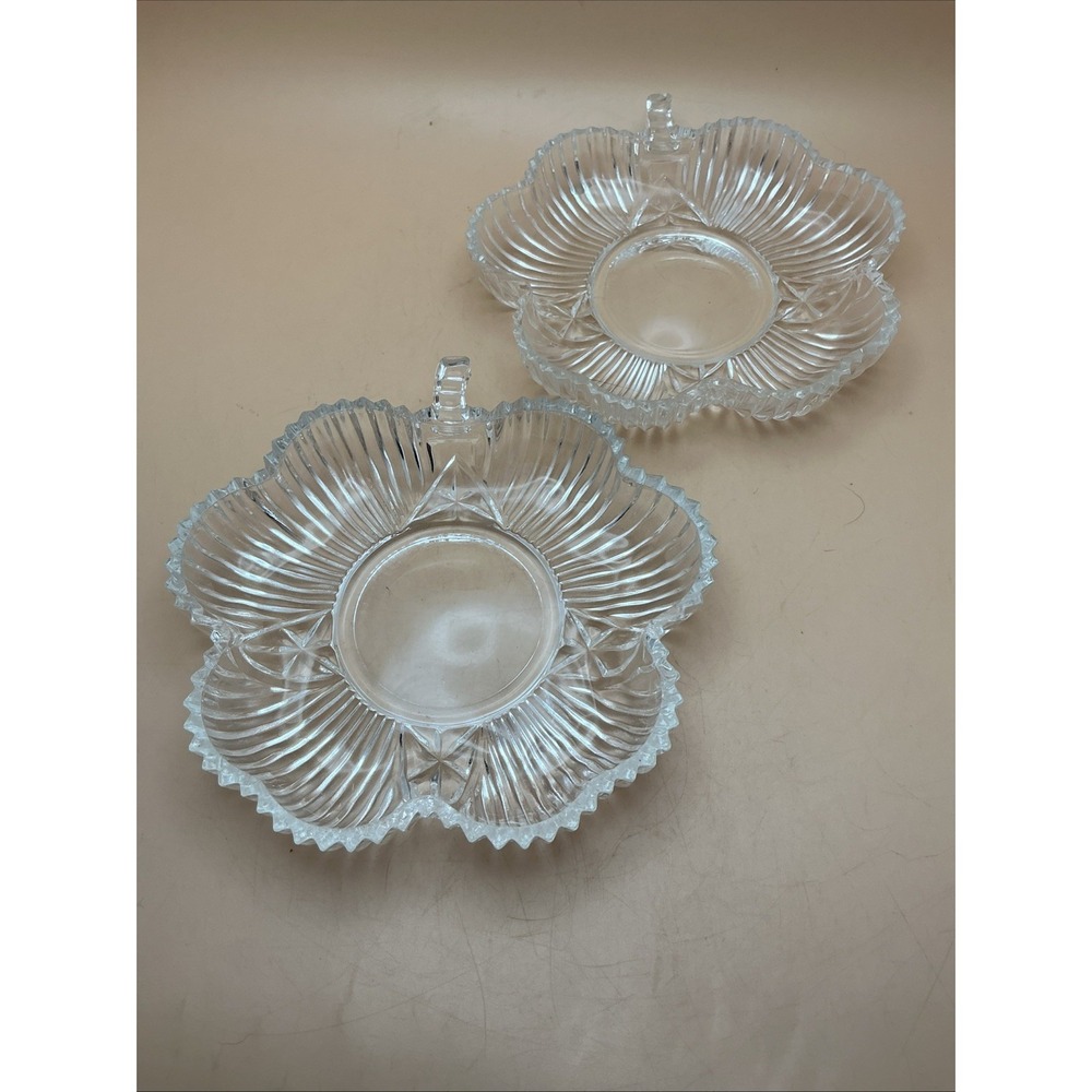 Vintage Clear Pressed Glass Petal Nappies Handled‎ Scalloped Ribbed Pair